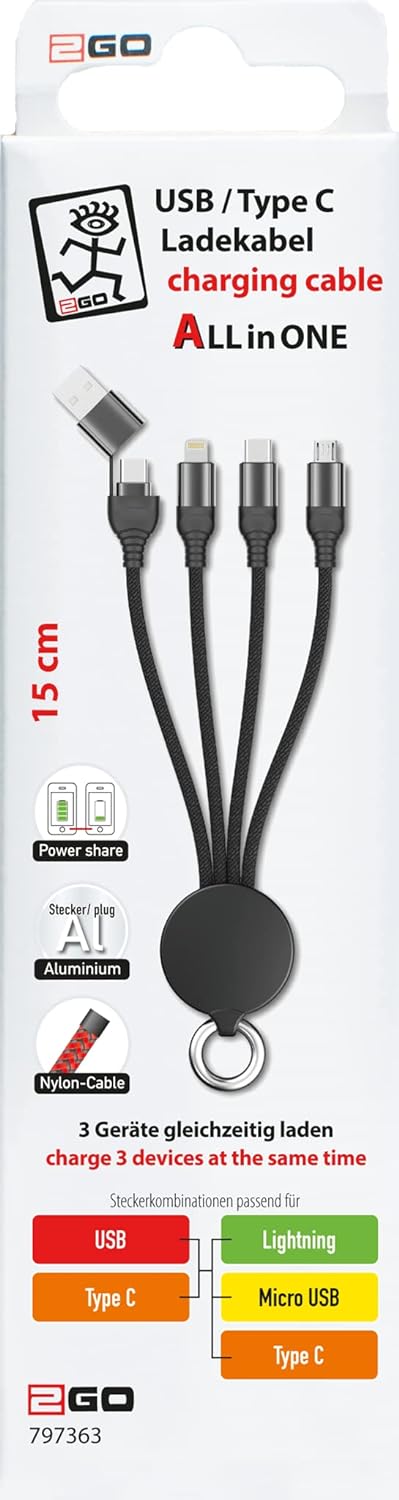2GO All in One USB/Type C Ladekabel schwarz 15cm