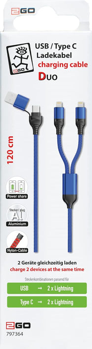 2GO Duo USB/Type C Ladekabel Lightning blau 120cm