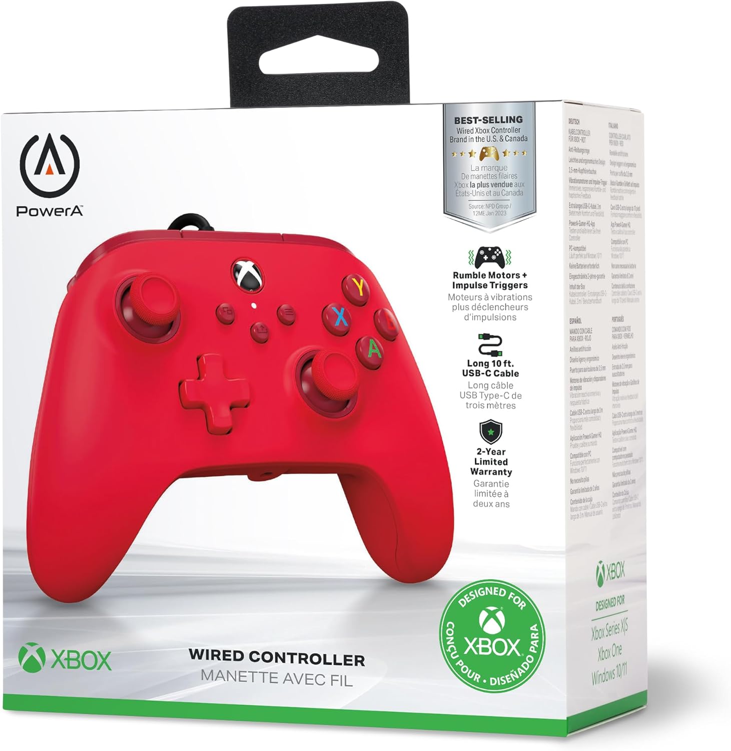 PowerA Wired Controller For Xbox Series X & S, Xbox One, PC, Windows 10 & 11, Dual Rumble Motors, Detachable 10ft USB Cable, 3.5mm Stereo Headset Jack, Official: Red
