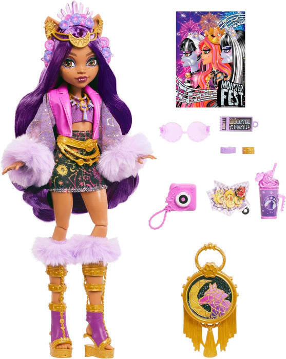 Monster High Clawdeen Wolf-Puppe mit glamourösem Festival-Outfit und Festival-Zubehör wie Snacks, Bandposter, Statement-Tasche und mehr, HXH80