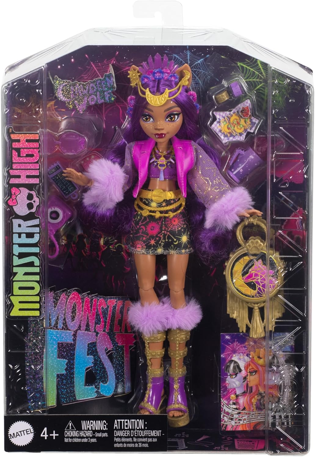 Monster High Clawdeen Wolf-Puppe mit glamourösem Festival-Outfit und Festival-Zubehör wie Snacks, Bandposter, Statement-Tasche und mehr, HXH80