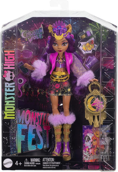Monster High Clawdeen Wolf-Puppe mit glamourösem Festival-Outfit und Festival-Zubehör wie Snacks, Bandposter, Statement-Tasche und mehr, HXH80