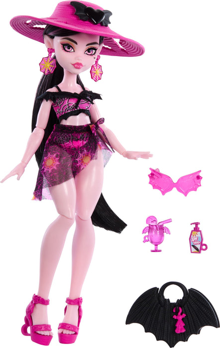 Monster High Scare-adise Island Draculaura Puppe mit Badeanzug, Sarong & Strandzubehör wie Hut, Sonnenschutz & Tragetasche
