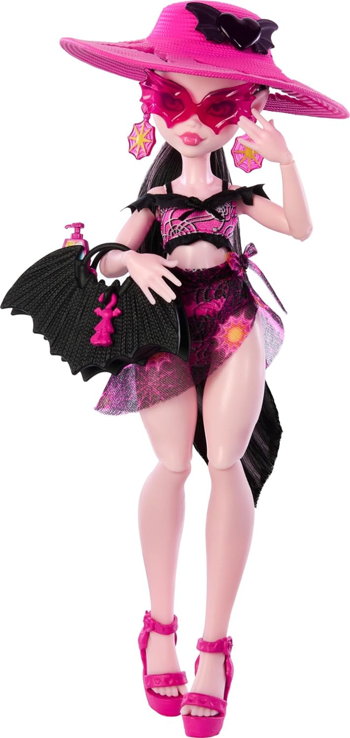 Monster High Scare-adise Island Draculaura Puppe mit Badeanzug, Sarong & Strandzubehör wie Hut, Sonnenschutz & Tragetasche