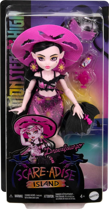 Monster High Scare-adise Island Draculaura Puppe mit Badeanzug, Sarong & Strandzubehör wie Hut, Sonnenschutz & Tragetasche