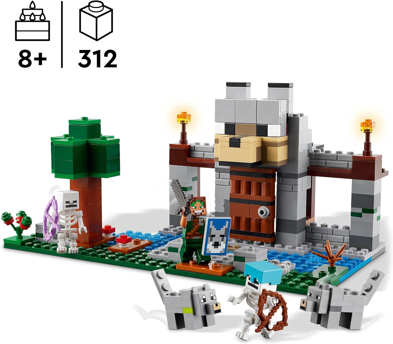 LEGO Minecraft The Wolf Stronghold Fortress Set, Building Toy for 8 Plus Year Old boys & Girls, Incudes Crafting Table, 2 Skeleton and Wolf Figures for Castle Action, Birthday Gift for Kids 21261