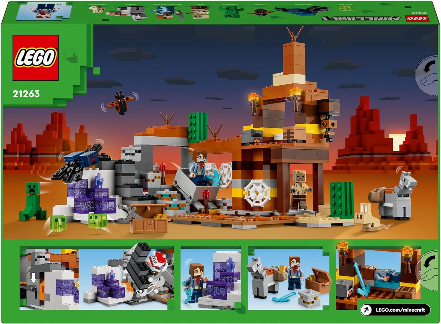 LEGO Minecraft The Badlands Mineshaft Video-Game Toy for 8 Plus Year Old Boys & Girls, Includes Explorer, Creeper and Spider Figures for Independent Play, Birthday Gift for Kids 21263
