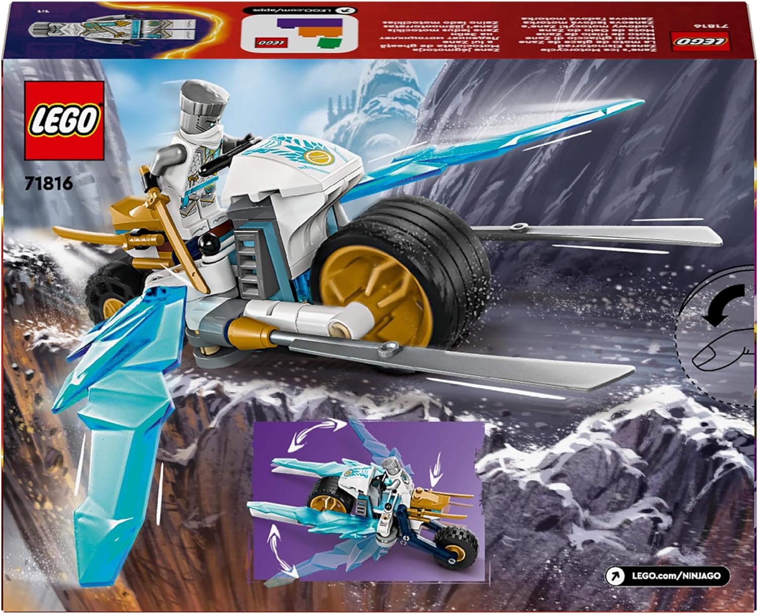 LEGO NINJAGO Zane’s Ice Motorcycle Toy for 7 Plus Year Old Boys & Girls, Dragons Rising Motorbike Set with a Zane Character Minifigure, Ninja Adventure Playset, Small Vehicle Gift for Kids 71816