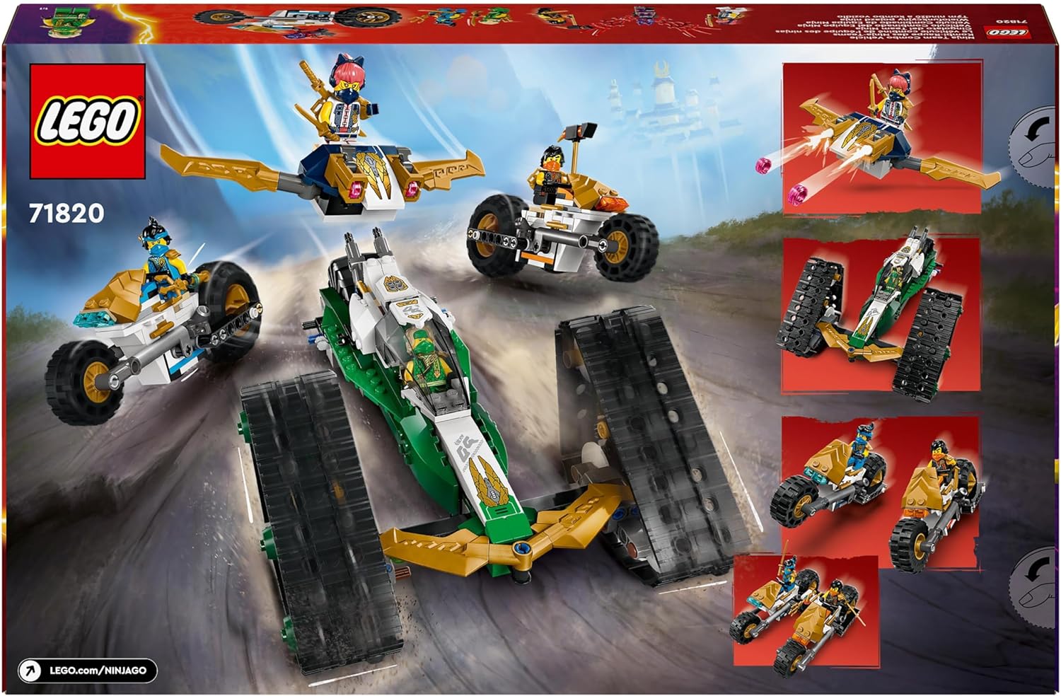 LEGO NINJAGO Ninja Team Combo Vehicle 4-in-1 Ninja Adventure Toy, with 2 Motorbikes, Glider and 6 Minifigures Incl. Characters Lloyd, Nya and Cole, Birthday Gift for 9 Plus Year Old Boys & Girls 71820