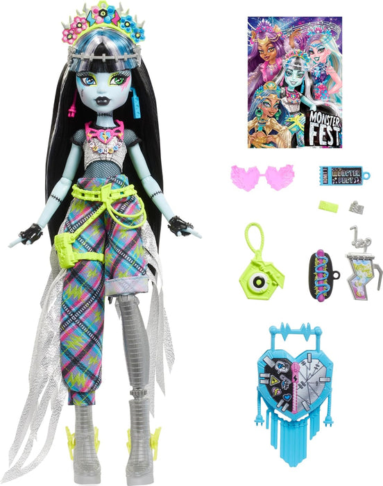 Monster High Monster Fest Frankie Stein, Muñeca con Top de Malla, Pantalones Plateados de Flecos asimétricos y Accesorios con temática de Festival, Juguete Regalo para niños y niñas +4 años, HXH79