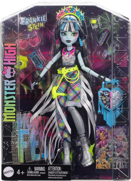 Monster High Monster Fest Frankie Stein, Muñeca con Top de Malla, Pantalones Plateados de Flecos asimétricos y Accesorios con temática de Festival, Juguete Regalo para niños y niñas +4 años, HXH79