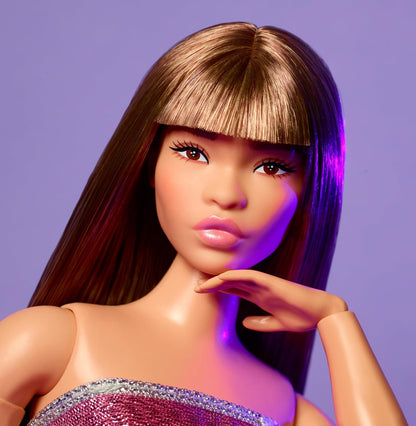 Barbie Looks Doll, Collectible No. 24 with Brown Hair and Modern Y2K Fashion, Shimmery Pink Strapless Dress with Peep-Toe Heels, HRM16
