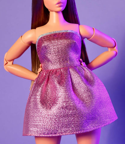 Barbie Looks Doll, Collectible No. 24 with Brown Hair and Modern Y2K Fashion, Shimmery Pink Strapless Dress with Peep-Toe Heels, HRM16