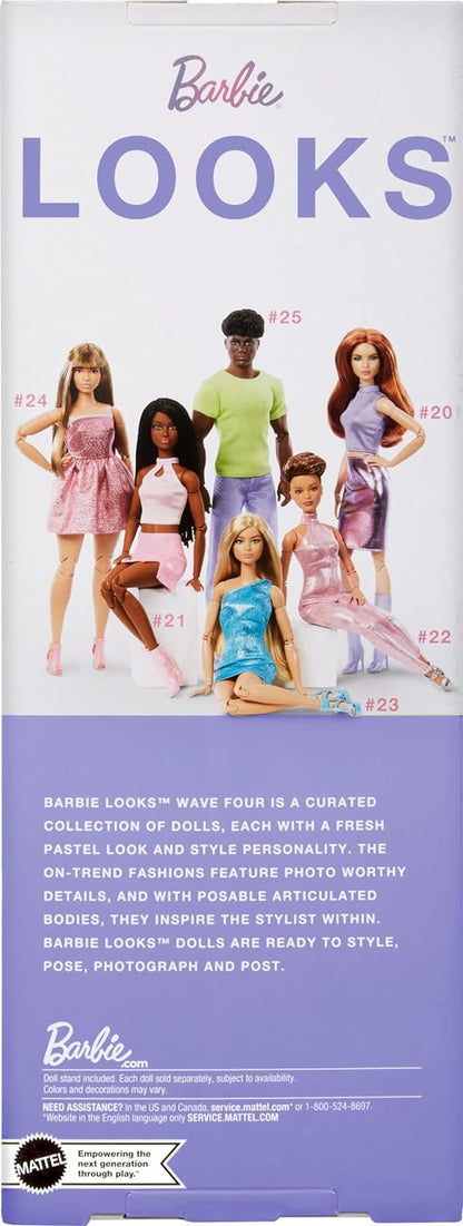 Barbie Looks Doll, Collectible No. 24 with Brown Hair and Modern Y2K Fashion, Shimmery Pink Strapless Dress with Peep-Toe Heels, HRM16