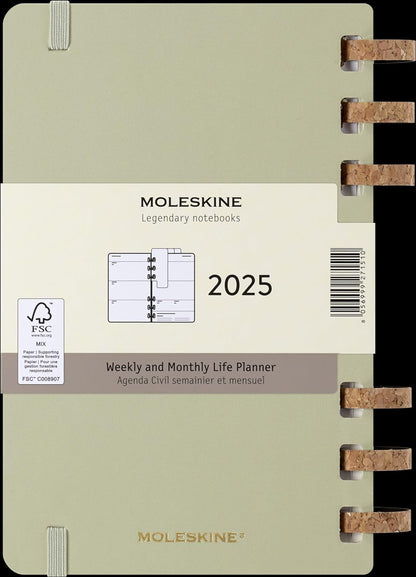 Moleskine Weekly & Monthly Planner, Spiral 12-Month 2025, Hard Cover and Elastic Closure, Crush Kiwi Color, Large Format 15x21 cm