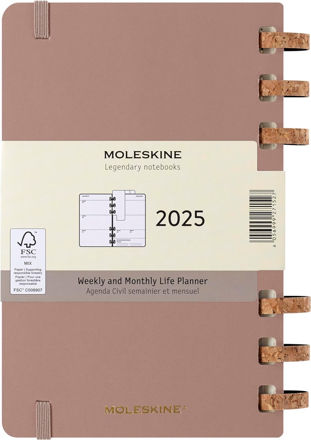 Moleskine Weekly & Monthly Planner, Spiral 12-Month 2025, HardCover and ElasticClosure, Crush Almond Color, Large Format 15x21 cm