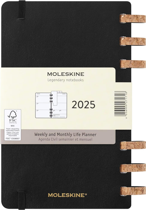 Moleskine Weekly & Monthly Planner, Spiral 12-Month 2025, SoftCover and ElasticClosure, BlackColor, LargeFormat 15x21 cm