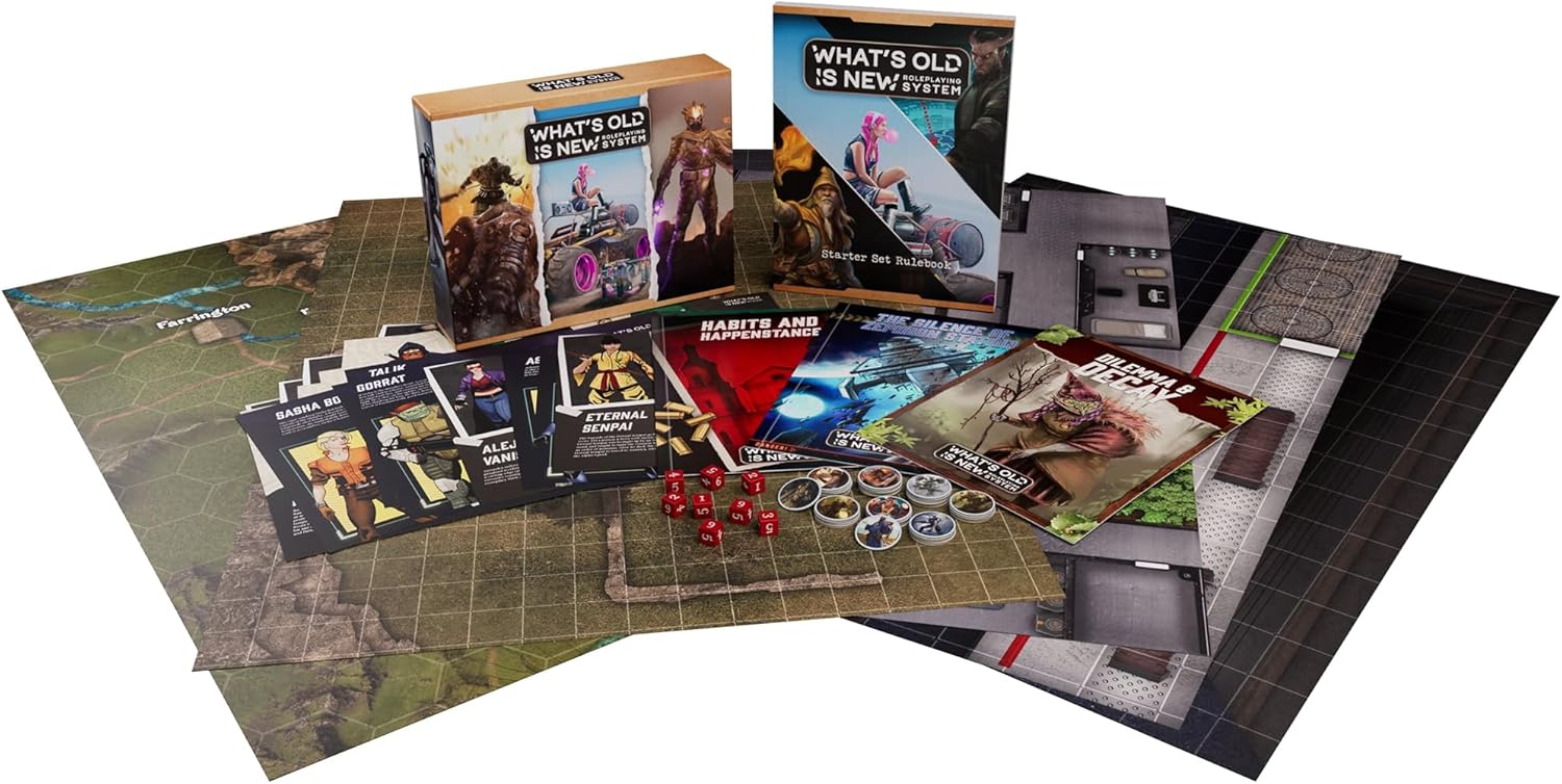 Modiphius Entertainment: WOIN Starter Box Set - What's Old is New Roleplaying System, Tabletop RPG, All-in-One Kit Includes Booklets, Maps & Dice