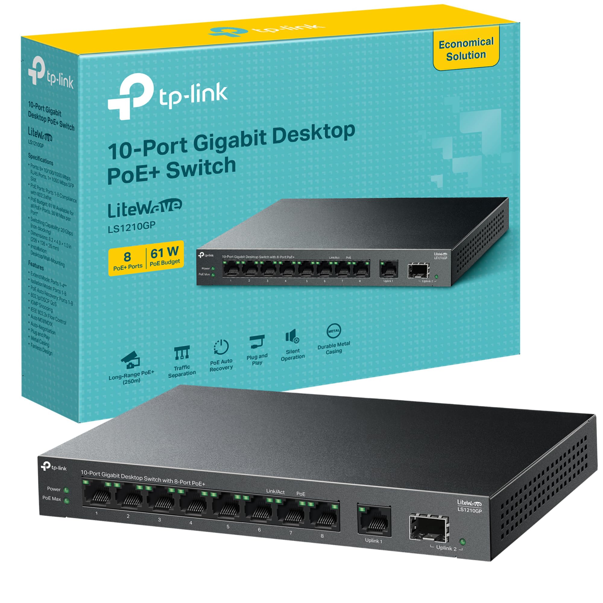 TP-Link 10-Port Gigabit Desktop Switch with 8-Port PoE+, 61 W PoE Budget, 30 W PoE output, Up to 250m PoE Transmission. Traffic Separation, Plug and Play, Fanless, Metal Case (LS1210GP