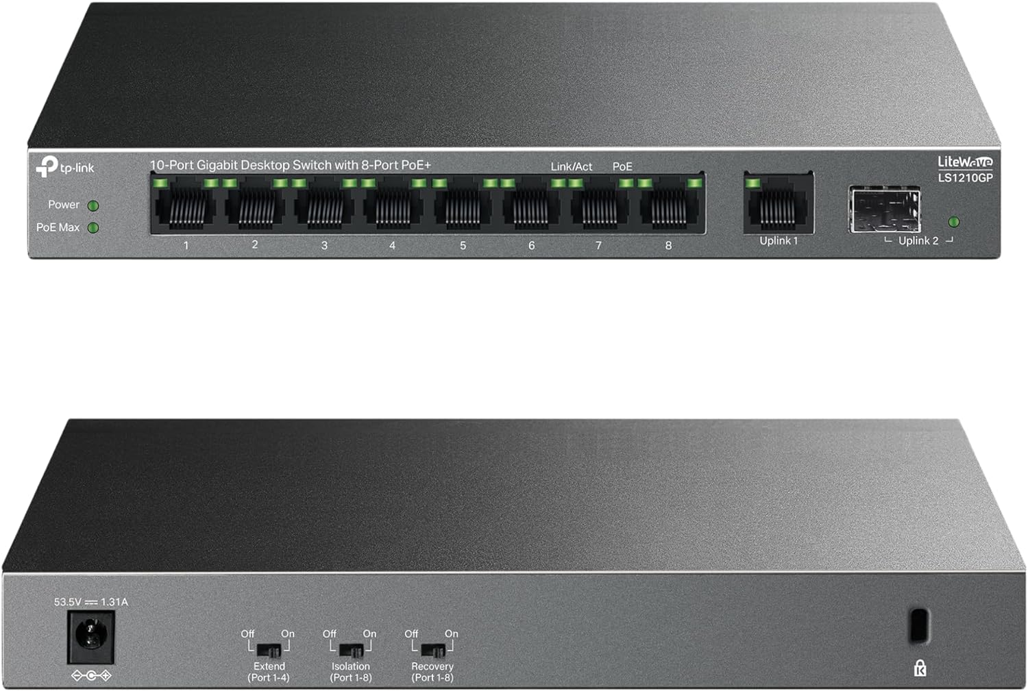 TP-Link 10-Port Gigabit Desktop Switch with 8-Port PoE+, 61 W PoE Budget, 30 W PoE output, Up to 250m PoE Transmission. Traffic Separation, Plug and Play, Fanless, Metal Case (LS1210GP