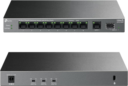 TP-Link 10-Port Gigabit Desktop Switch with 8-Port PoE+, 61 W PoE Budget, 30 W PoE output, Up to 250m PoE Transmission. Traffic Separation, Plug and Play, Fanless, Metal Case (LS1210GP