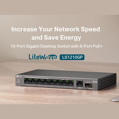 TP-Link 10-Port Gigabit Desktop Switch with 8-Port PoE+, 61 W PoE Budget, 30 W PoE output, Up to 250m PoE Transmission. Traffic Separation, Plug and Play, Fanless, Metal Case (LS1210GP