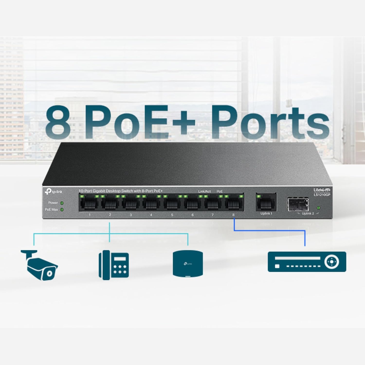 TP-Link 10-Port Gigabit Desktop Switch with 8-Port PoE+, 61 W PoE Budget, 30 W PoE output, Up to 250m PoE Transmission. Traffic Separation, Plug and Play, Fanless, Metal Case (LS1210GP