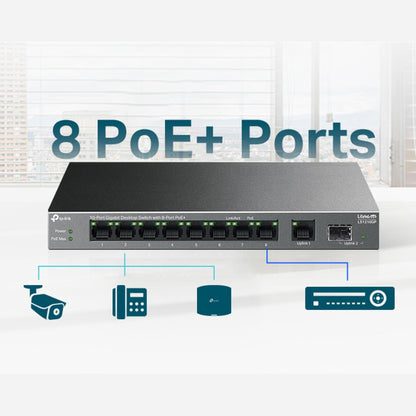 TP-Link 10-Port Gigabit Desktop Switch with 8-Port PoE+, 61 W PoE Budget, 30 W PoE output, Up to 250m PoE Transmission. Traffic Separation, Plug and Play, Fanless, Metal Case (LS1210GP