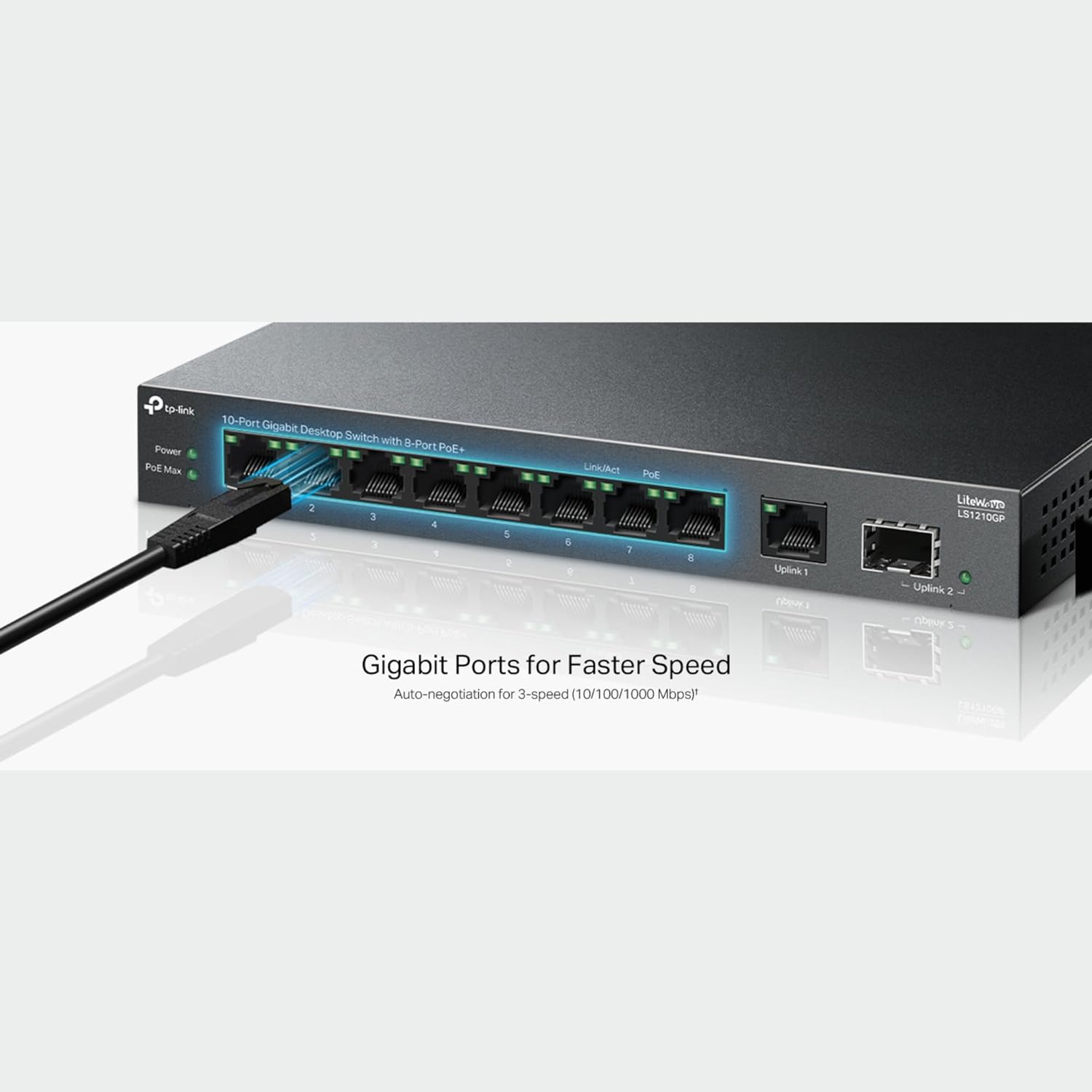 TP-Link 10-Port Gigabit Desktop Switch with 8-Port PoE+, 61 W PoE Budget, 30 W PoE output, Up to 250m PoE Transmission. Traffic Separation, Plug and Play, Fanless, Metal Case (LS1210GP