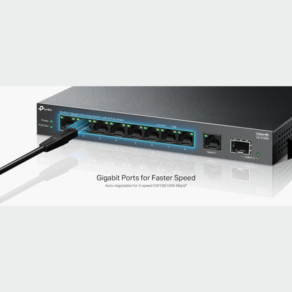 TP-Link 10-Port Gigabit Desktop Switch with 8-Port PoE+, 61 W PoE Budget, 30 W PoE output, Up to 250m PoE Transmission. Traffic Separation, Plug and Play, Fanless, Metal Case (LS1210GP