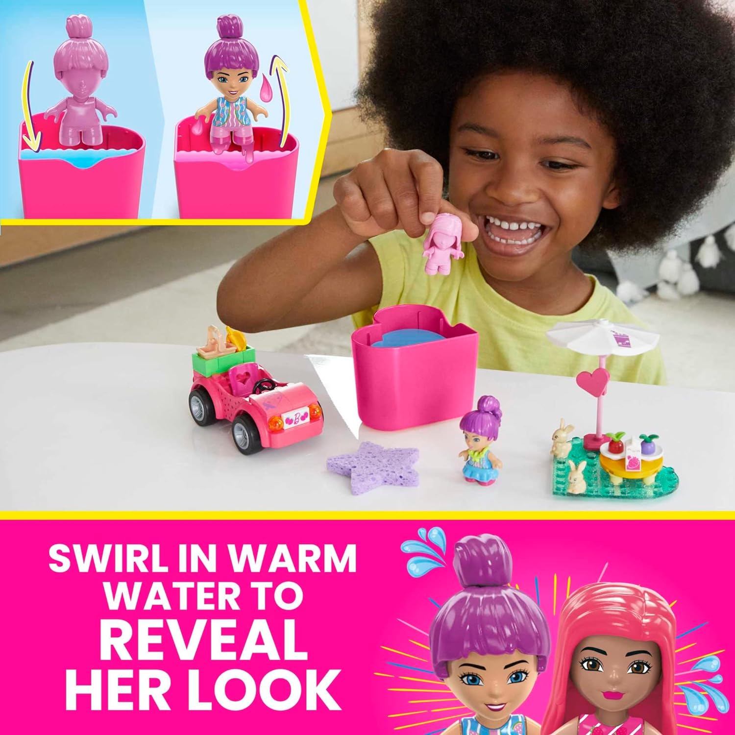 MEGA WONDER BUILDERS MEGA Barbie Color Reveal Building Toys, Convertible Road Trip with 2 Barbie Micro-Dolls, Accessories, 2 Pets, Color Change and 10 Surprises, HKF90