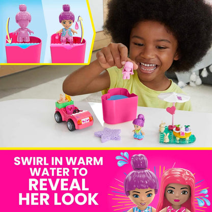 MEGA WONDER BUILDERS MEGA Barbie Color Reveal Building Toys, Convertible Road Trip with 2 Barbie Micro-Dolls, Accessories, 2 Pets, Color Change and 10 Surprises, HKF90