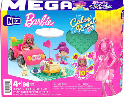 MEGA WONDER BUILDERS MEGA Barbie Color Reveal Building Toys, Convertible Road Trip with 2 Barbie Micro-Dolls, Accessories, 2 Pets, Color Change and 10 Surprises, HKF90