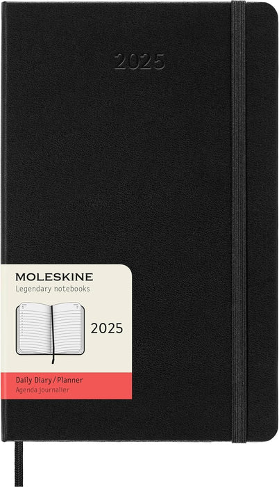 Moleskine Daily Planner, 12-Month Daily Agenda 2025, HardCover and Elastic Closure, Black Color, Large Format 13x21 cm