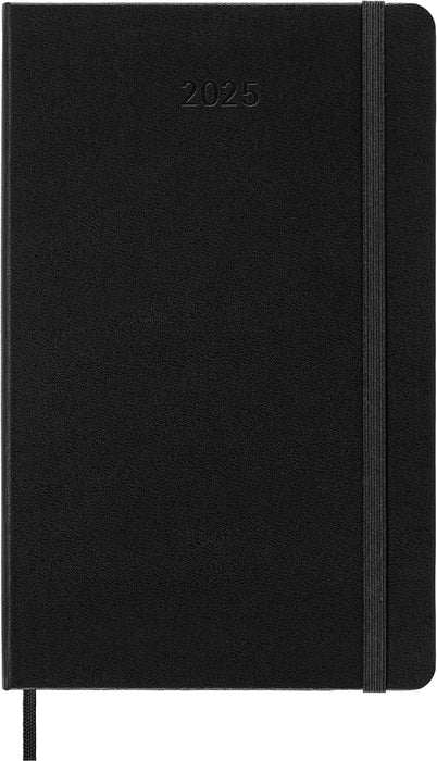 Moleskine Daily Planner, 12-Month Daily Agenda 2025, HardCover and Elastic Closure, Black Color, Large Format 13x21 cm
