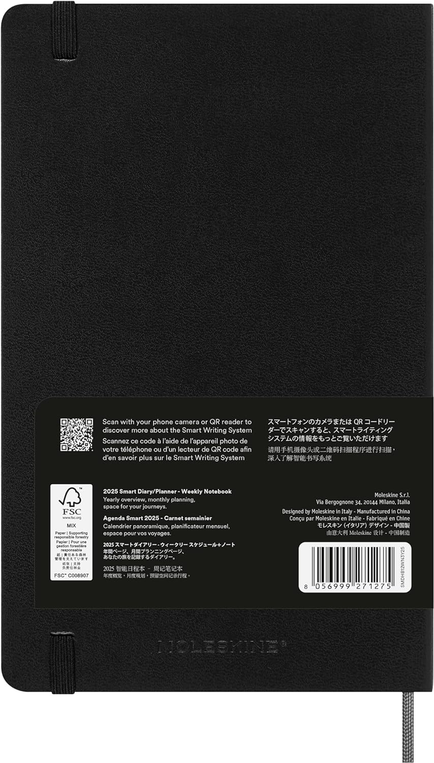 Moleskine Weekly Smart Planner 12 Months 2025, Smart Planner, Agenda 2025, Elastic Closure, Black Colour, Size Large 13 x 21 cm