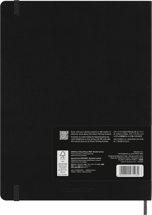 Moleskine Weekly Smart Planner PRO 12 Months 2024, Smart Planner PRO, Agenda 2024, Elastic Closure, Black Colour, Size Extra Large 19 x 25