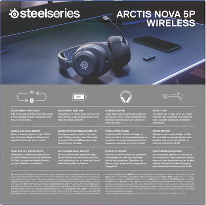 SteelSeries Arctis Nova 5P Wireless PS5 Gaming Headset - Neodymium Magnetic Drivers - 100+ Audio Presets via App - 60H Battery - 2.4GHz or BT - ClearCast Gen2.X Mic - Supports PS4, PC, Switch, Mobile