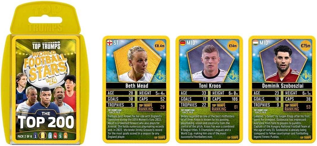 Top Trumps World Football Stars Top 200 Card Game Pack 2, Play with Kylian Mbappe, Beth Mead, Luka Modric and Pernille Harder, educational gift for ages 6 plus