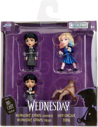 Jada- Set de 4 Figuras de Personajes de la Serie Miércoles Hechas en Metal - Miércoles, Miércoles con Vestido Topos, Cosa, Enid, 7cm, Producto Auténtico Oficial, A Partir de 3 años (253252040)