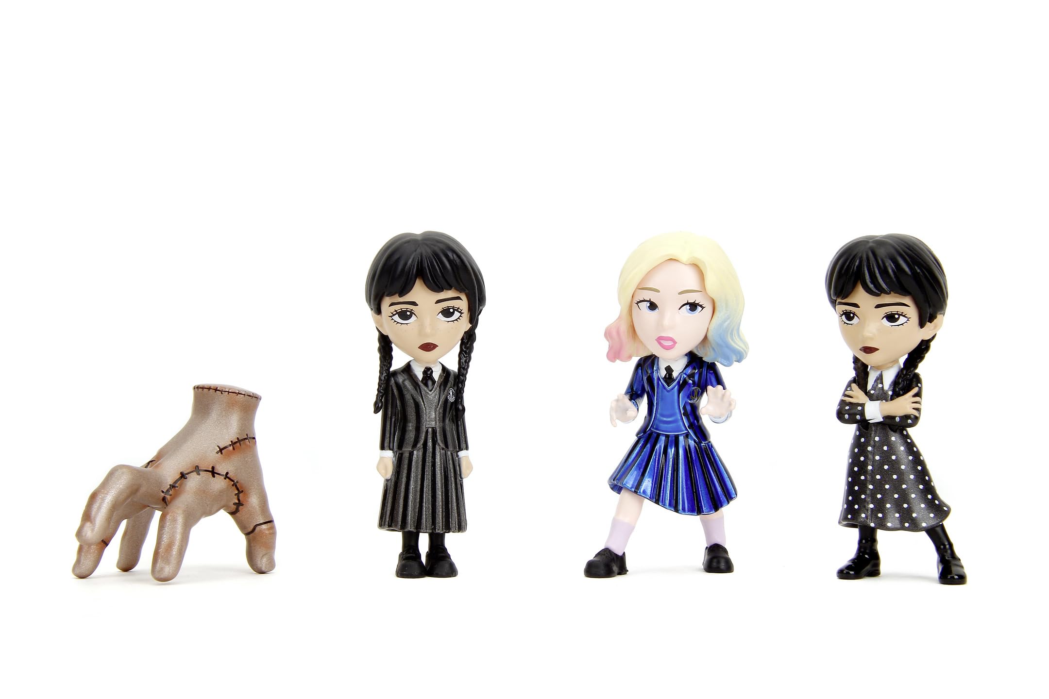 Jada- Set de 4 Figuras de Personajes de la Serie Miércoles Hechas en Metal - Miércoles, Miércoles con Vestido Topos, Cosa, Enid, 7cm, Producto Auténtico Oficial, A Partir de 3 años (253252040)