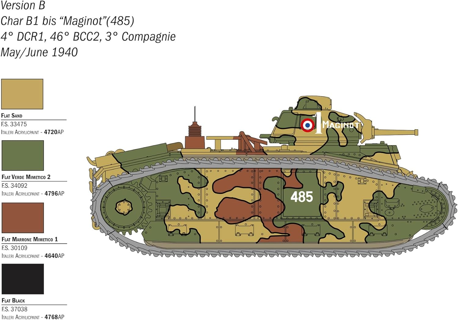 Italeri 25766 1:56 Char B1 Bis Model Building Kit, Stand Model Building, Crafts, Hobby, Gluing, Plastic Kit, Detailed Military Kit, Tank 1:56