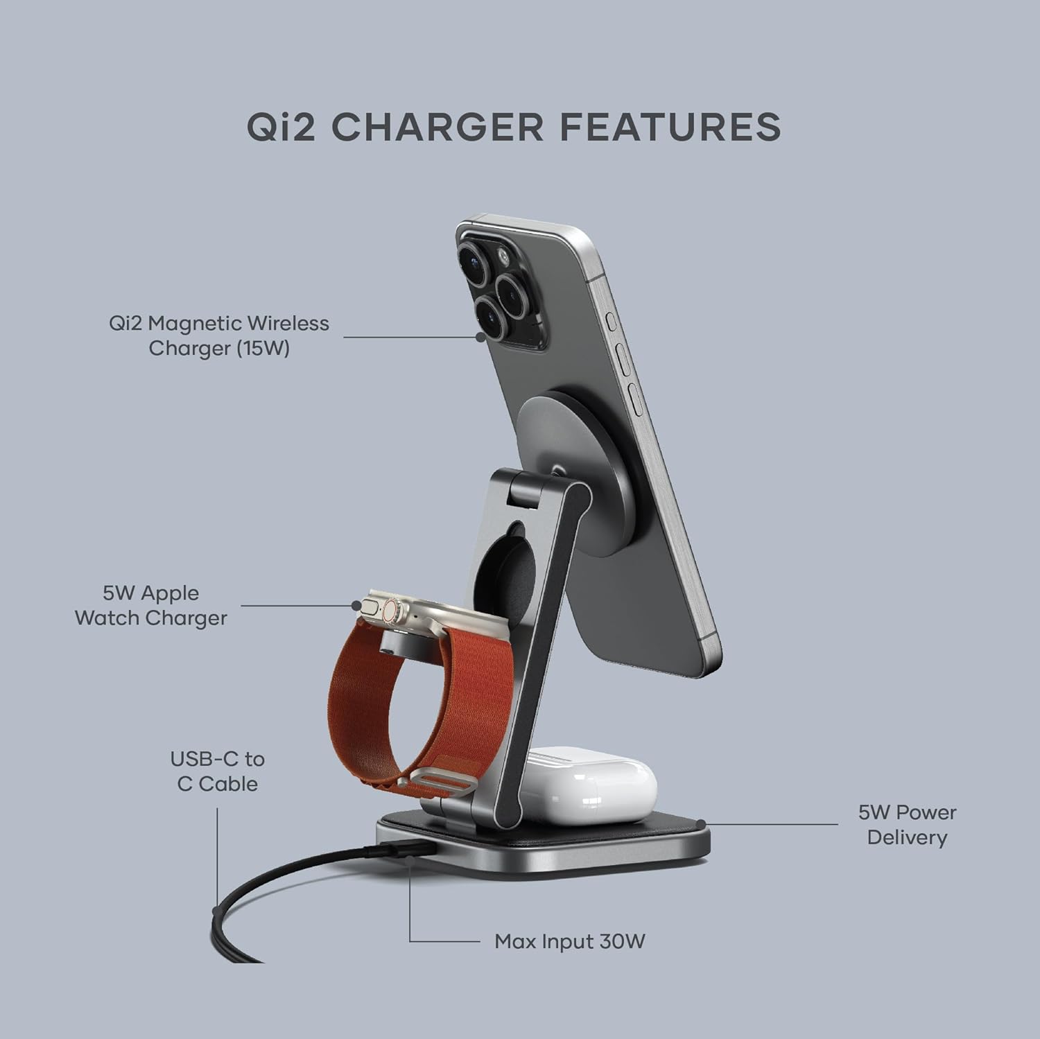 SATECHI 3 in 1 Wireless Charging Station, Qi2 15W Magnetic, Foldable Travel Charger Station for iPhone 15/14/13/12, Apple watch series 8/7/SE/6/5/Ultra and AirPods Pro/3/2