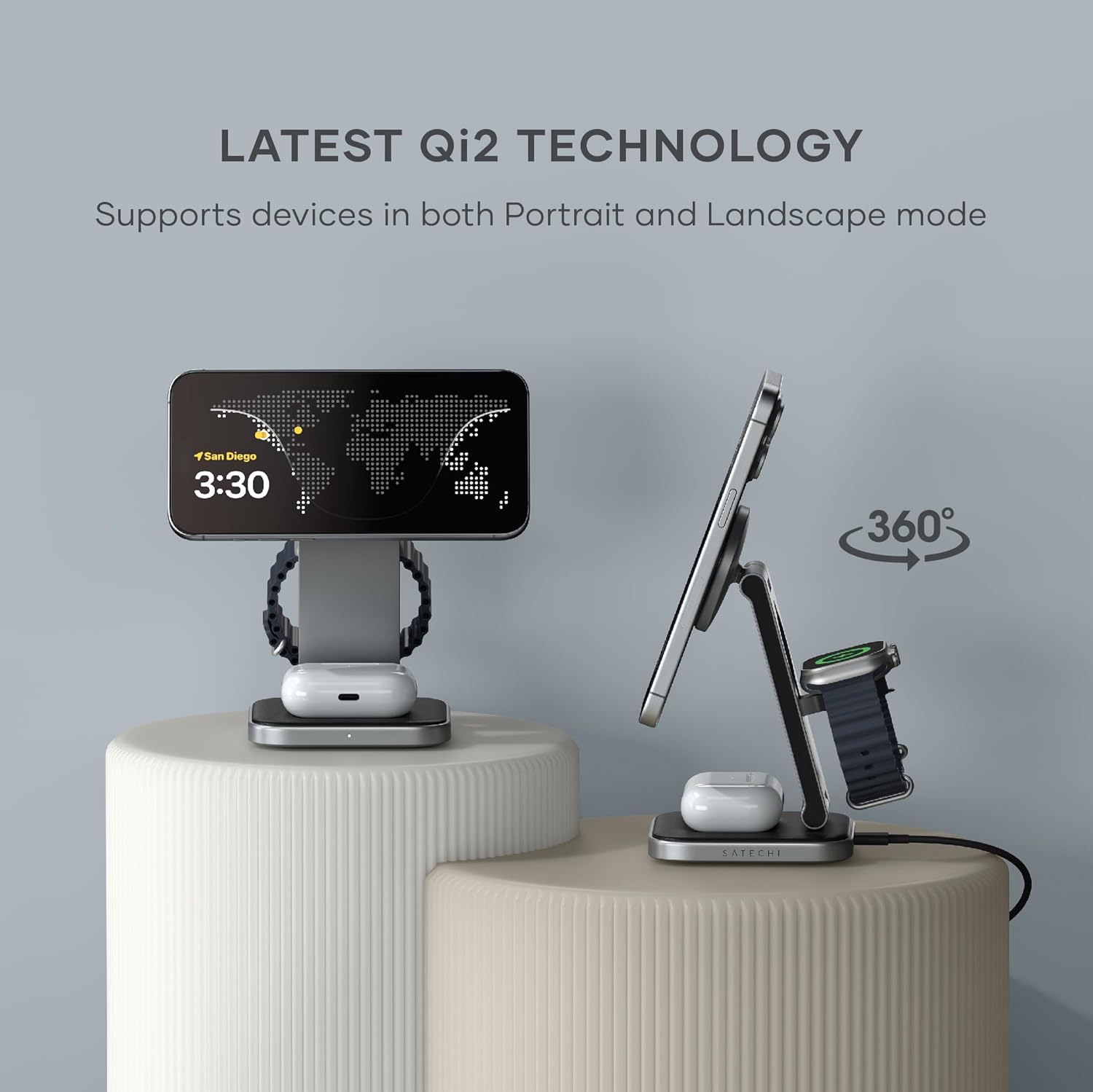 SATECHI 3 in 1 Wireless Charging Station, Qi2 15W Magnetic, Foldable Travel Charger Station for iPhone 15/14/13/12, Apple watch series 8/7/SE/6/5/Ultra and AirPods Pro/3/2
