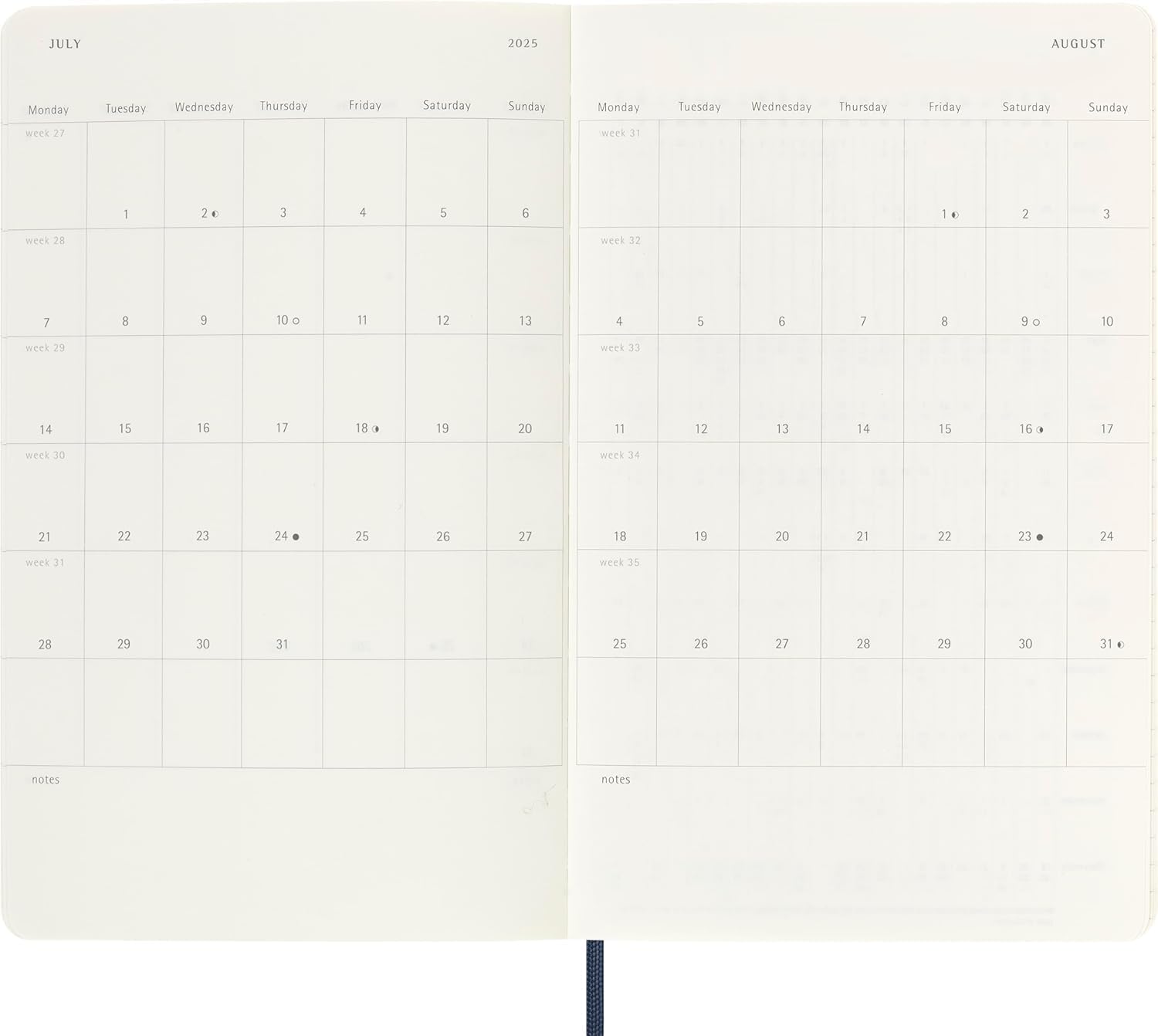 Moleskine Weekly Planner, Weekly Agenda with Space for Notes 12 Months 2025, Soft Cover and Elastic Closure, Sapphire Blue Color, Large Format 13x21 cm