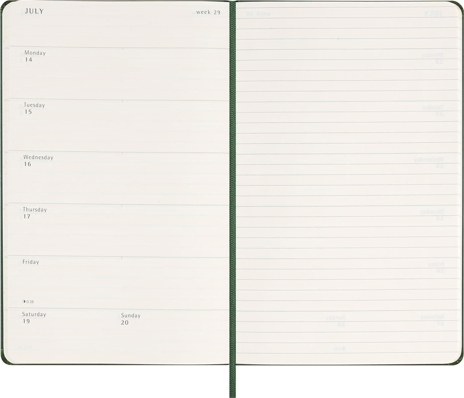 Moleskine Weekly Planner, Agenda Hebdomadaire avec Espace pour Notes 12 Mois 2025, Couverture Rigide et Fermeture Élastique, Couleur Vert Myrte, Format Large 13x21 cm