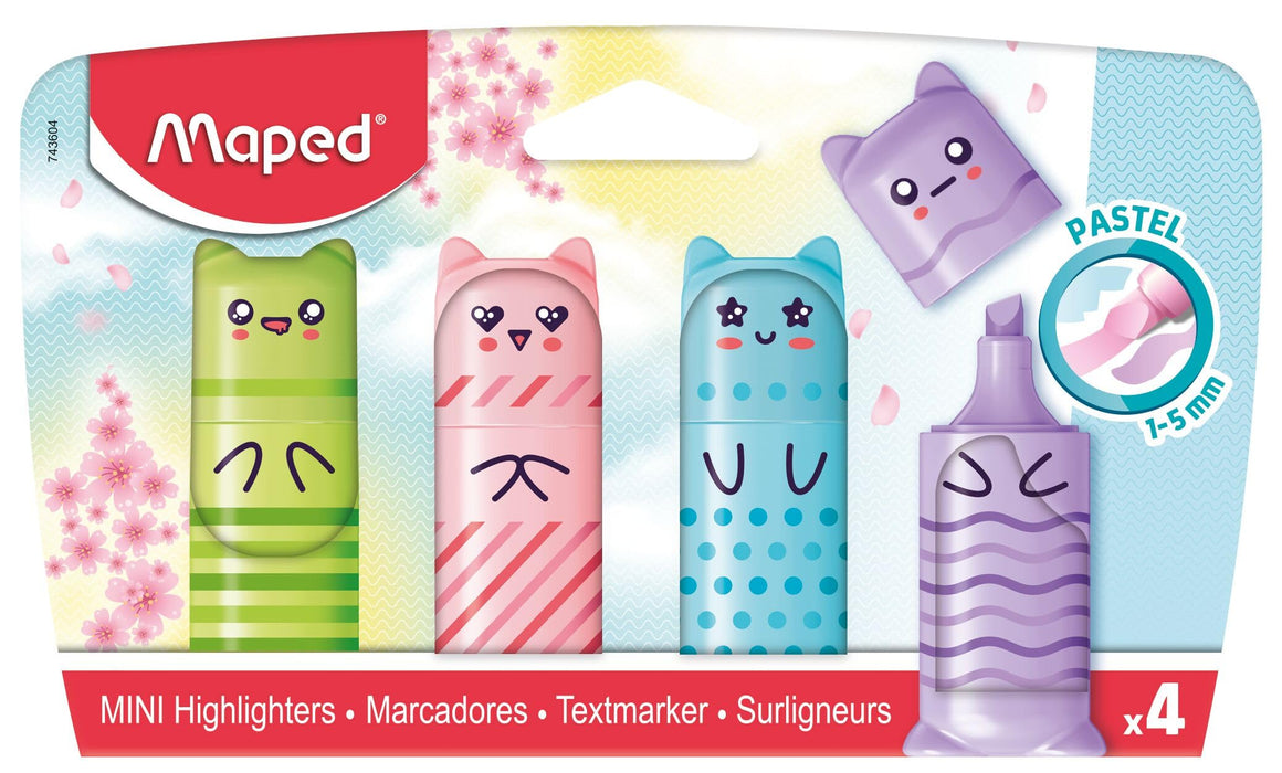 Maped - Pastel Mini Highlighters - Pocket Highlighters in Character Shape - 4 Pastel Colours: Green, Blue, Pink and Purple