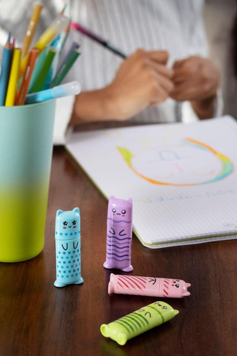 Maped - Pastel Mini Highlighters - Pocket Highlighters in Character Shape - 4 Pastel Colours: Green, Blue, Pink and Purple