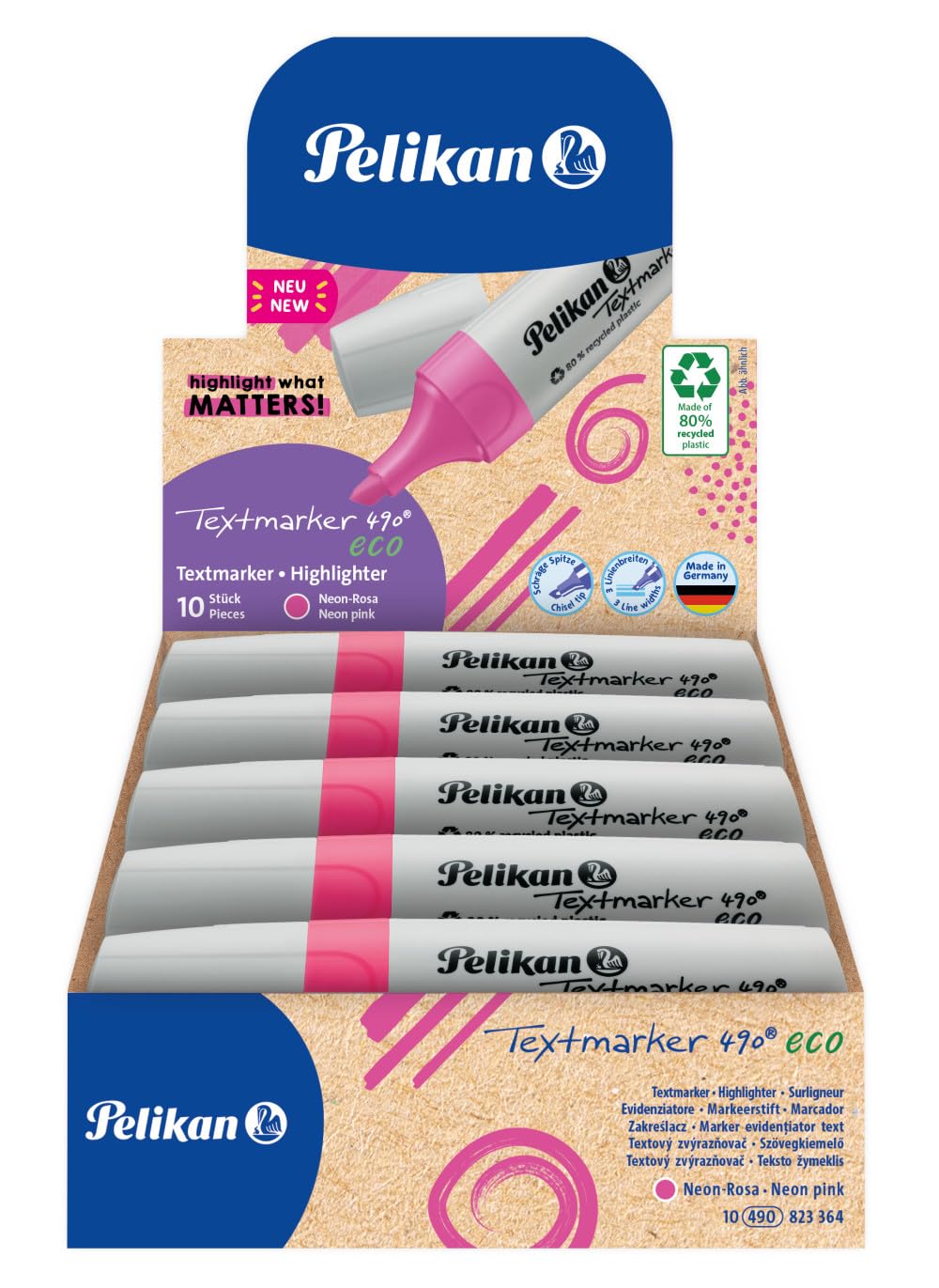 Pelikan Highlighter 490 eco Neon Pink, Pack of 10 in Folding Box, 823364