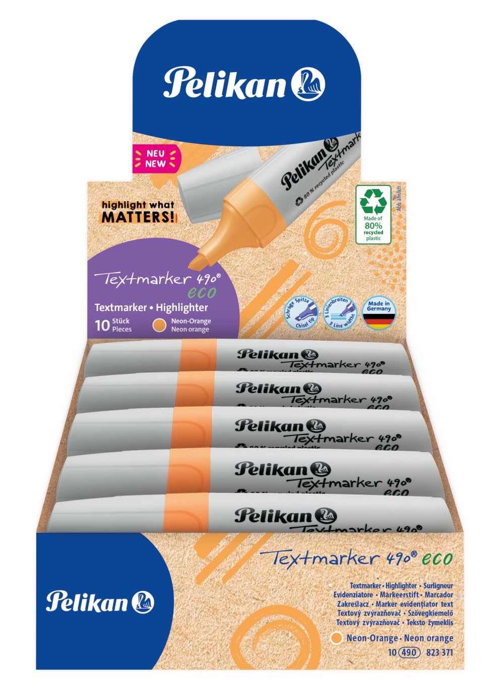 Pelikan Textmarker 490 eco, Neon-Orange, 10 Stück in Faltschachtel